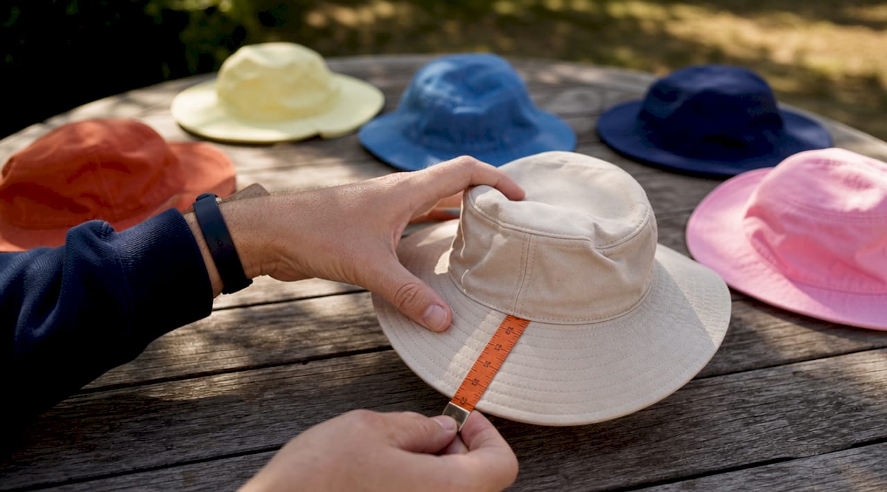 Hands measuring child’s sun hat brim size