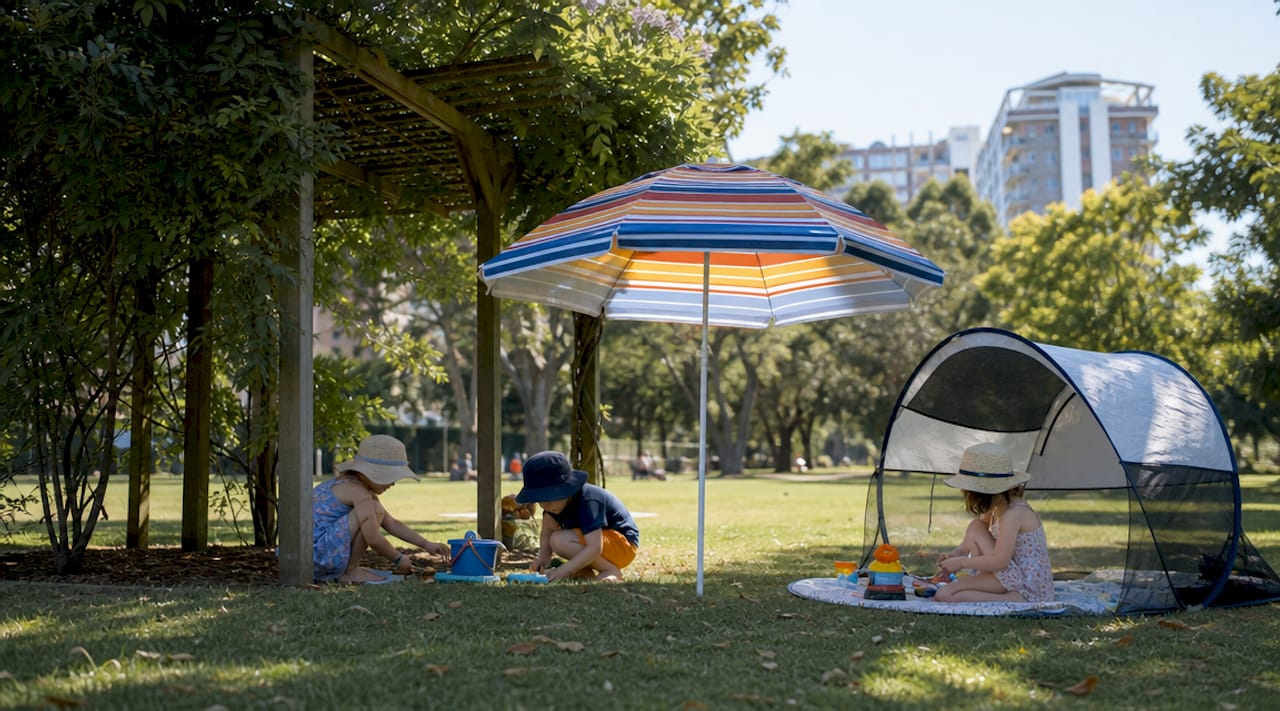 Outdoor playground with multiple shade structures