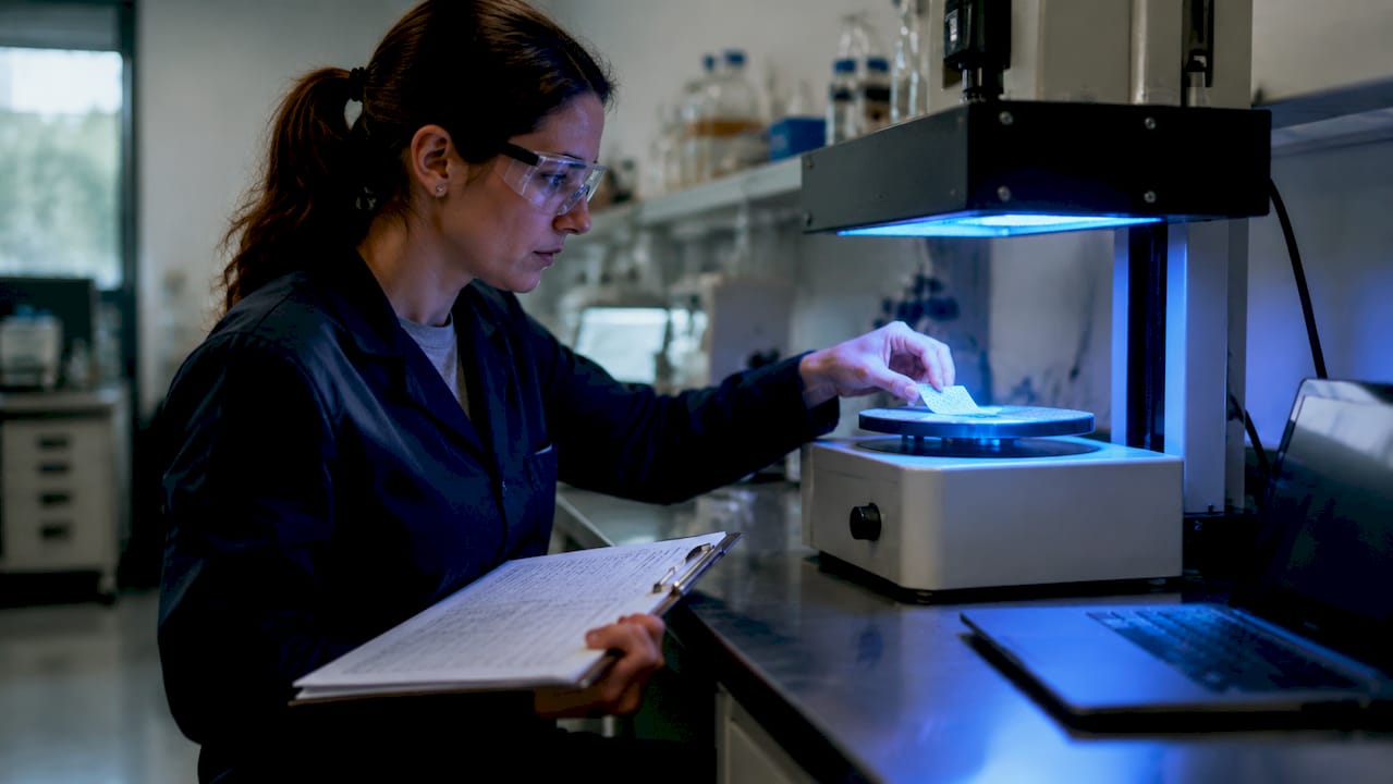 Technician testing fabric UV protection in lab
