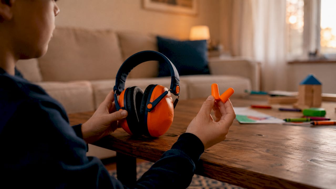 Child's hands comparing earplugs and earmuffs