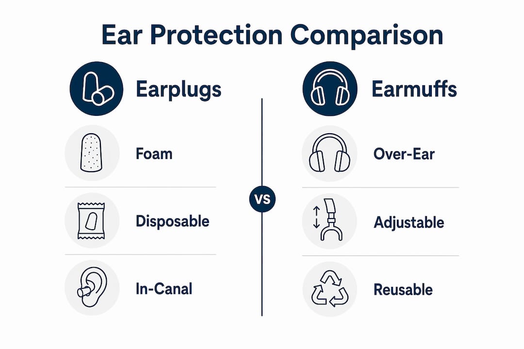 Comparative infographic of earplugs and earmuffs features