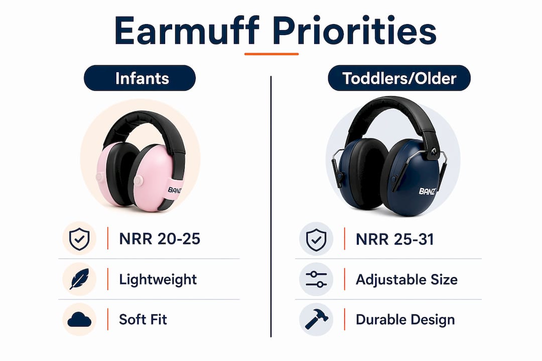Infographic comparing earmuff features by age group