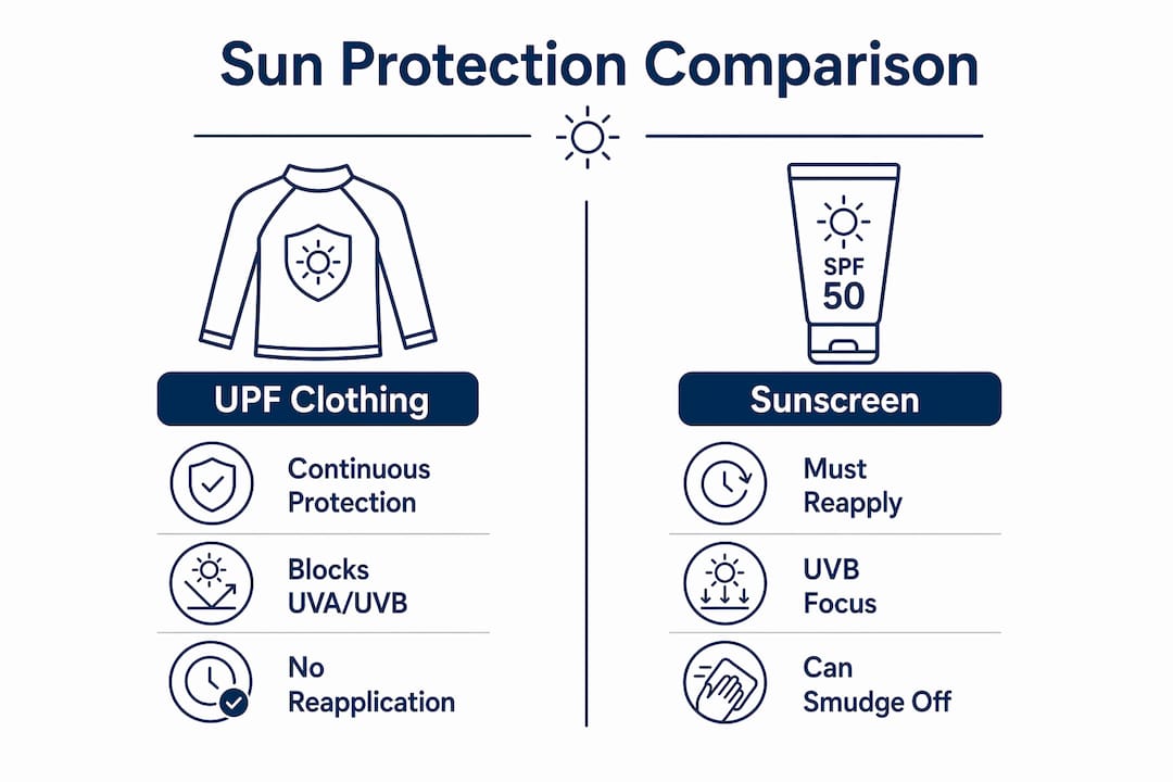 Infographic comparing UPF clothing and sunscreen benefits