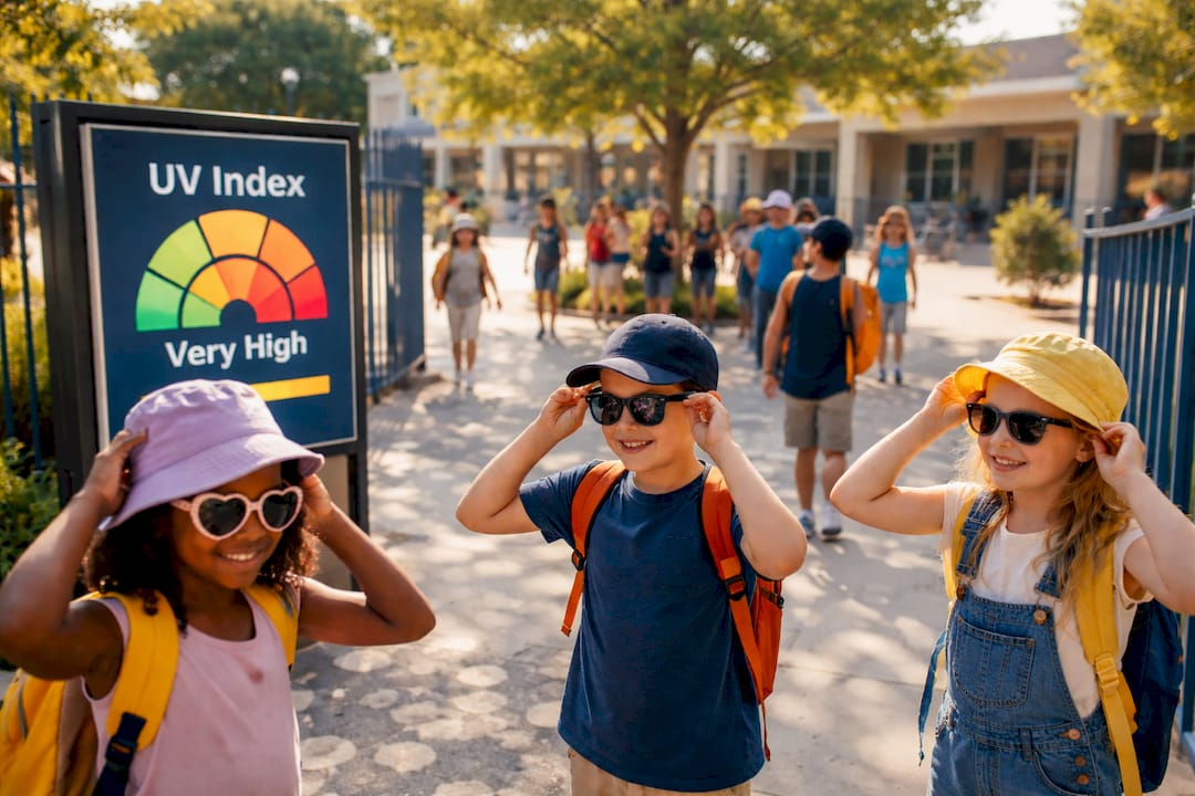 Students entering school with UV index display board