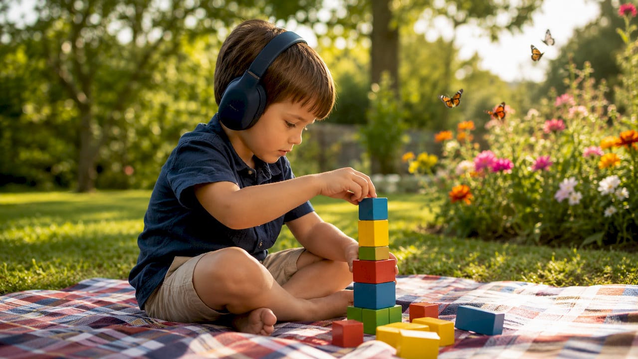 Close-up of kid wearing noise-protection earmuffs indoors