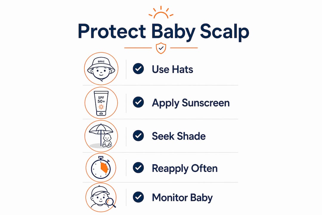 Infographic with top baby scalp sun protection steps