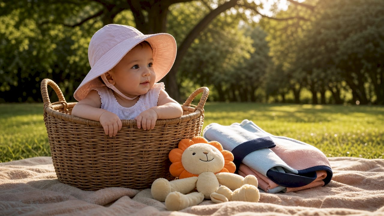 Close-up baby wearing wide brim sun hat indoors
