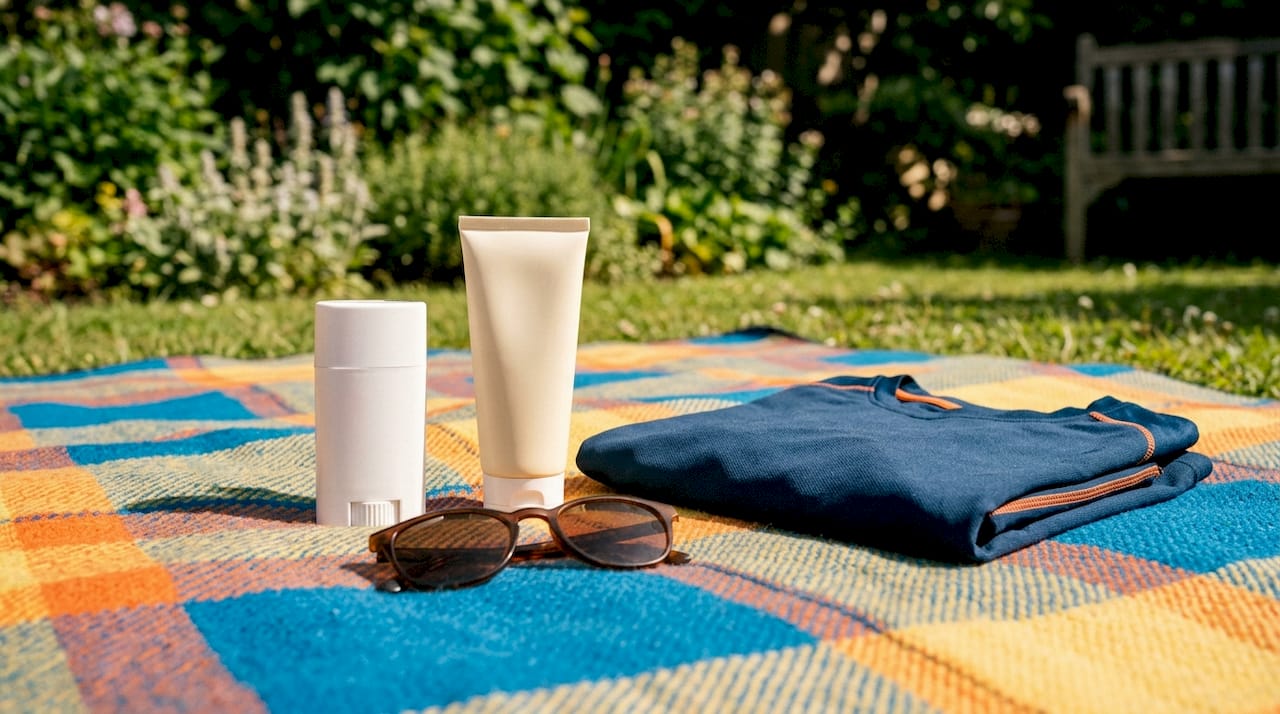 Mineral sunscreen and sun protection products on towel