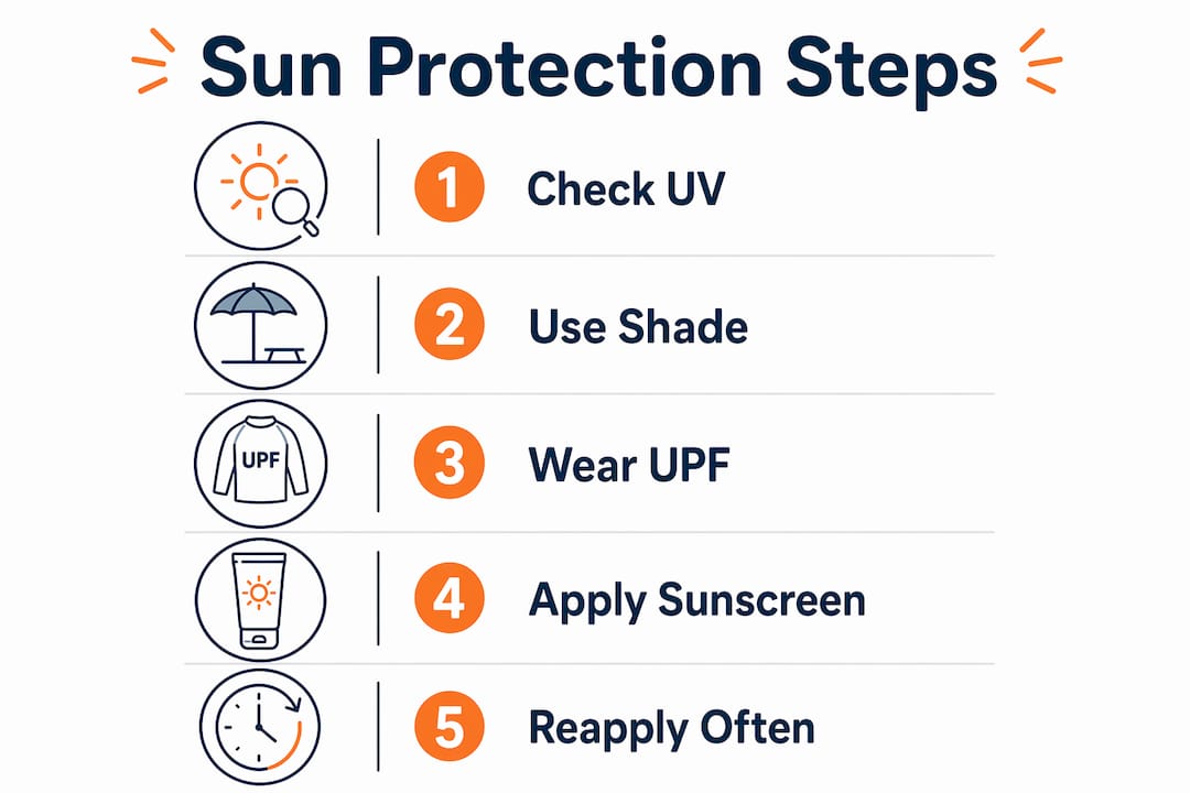 Infographic illustrating five sun protection steps for children