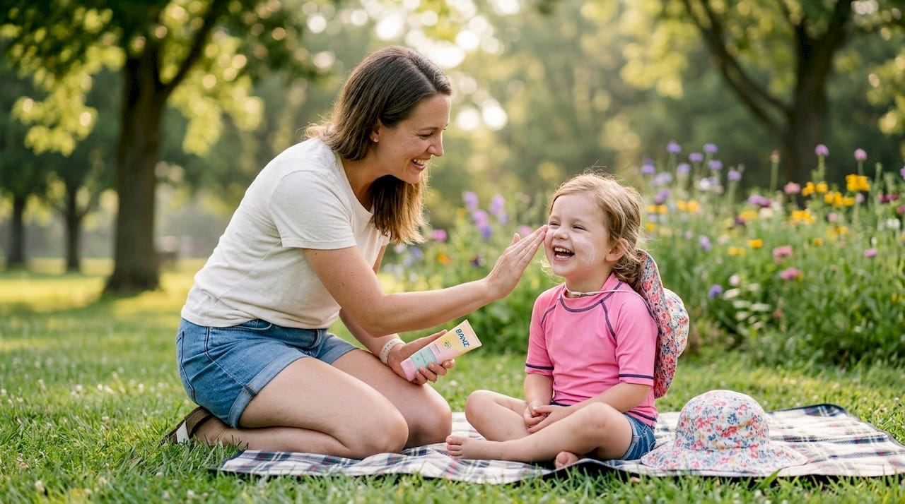 Mother applying sunscreen to child's face outdoors