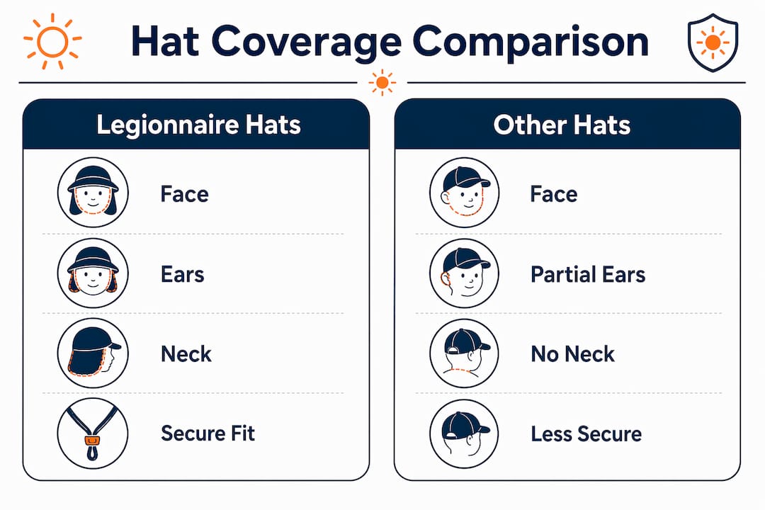 Infographic comparing legionnaire hats and other sun hats coverage