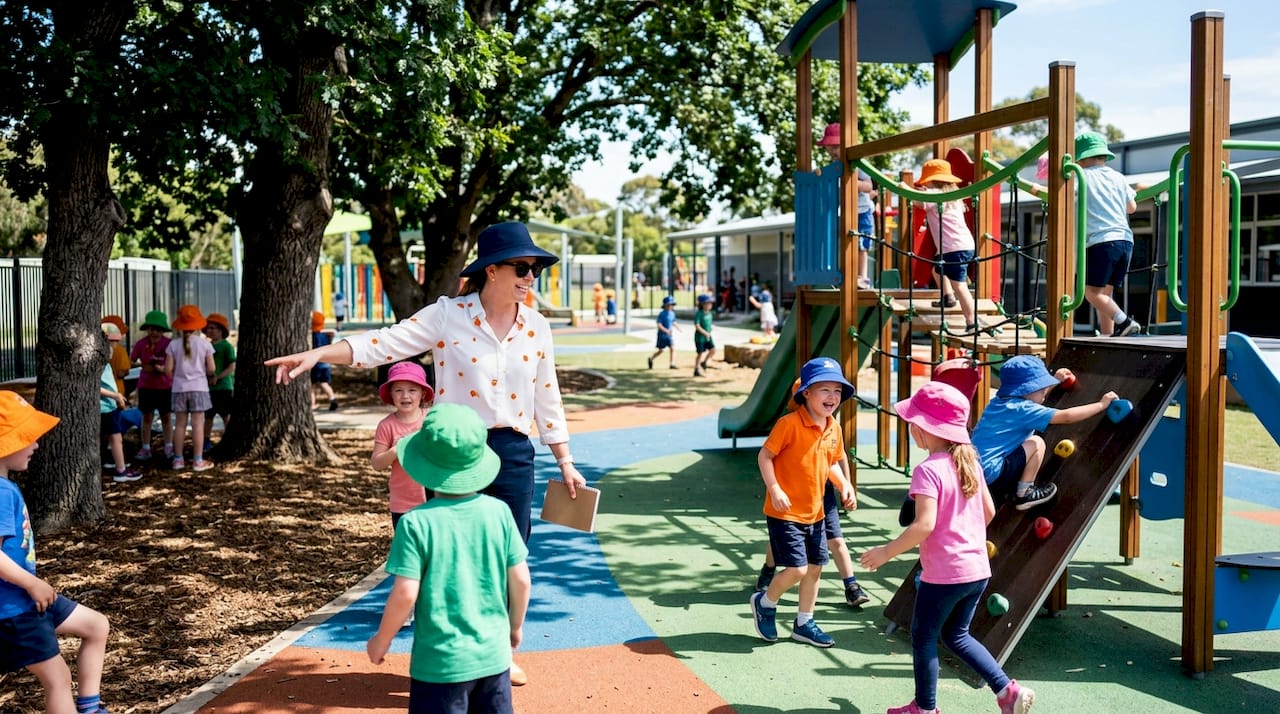 Teacher supervising children playing under shade structure