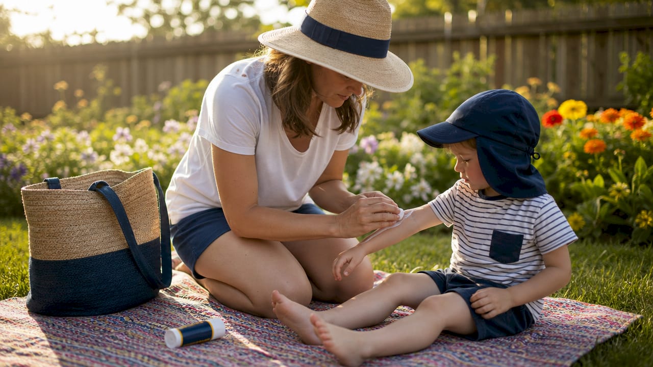Hands applying sunscreen to child’s arm in park