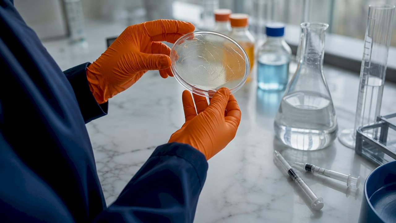 Hands holding sunscreen polymer sample in lab