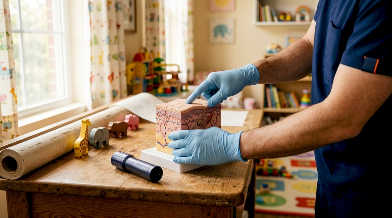 Pediatrician examining infant skin model