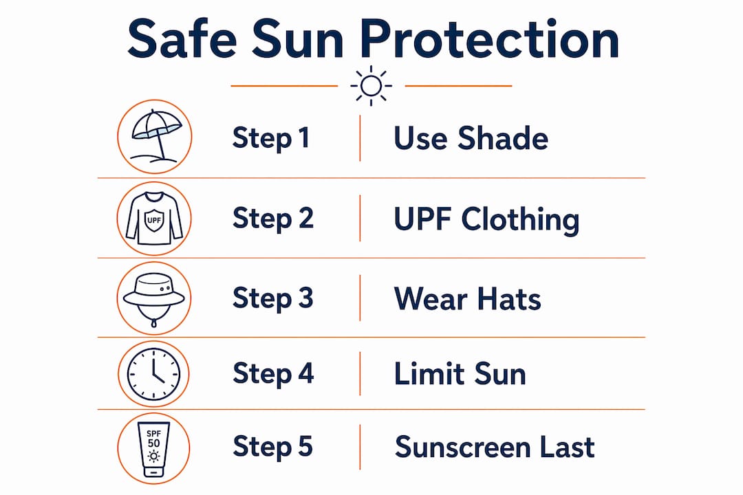 Infographic outlining safe sun protection steps for infants