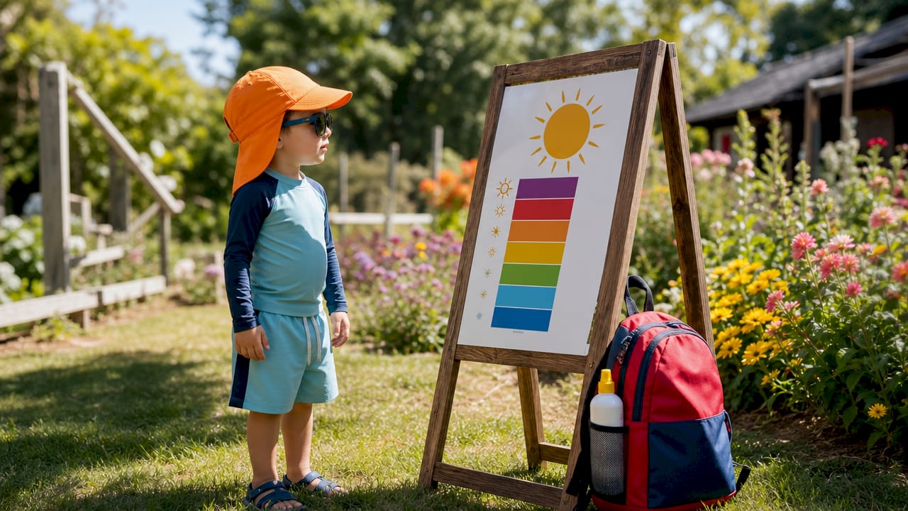 Boy observing UV index chart outside
