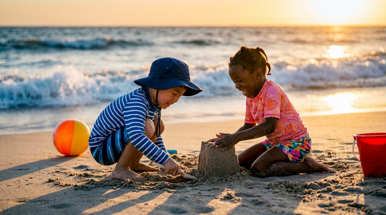 Children wearing UV protective clothing playing outside
