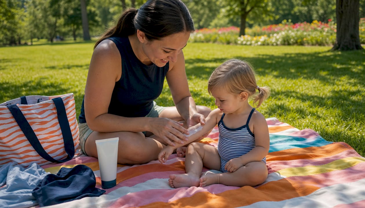 Hands applying mineral sunscreen on toddler's arm