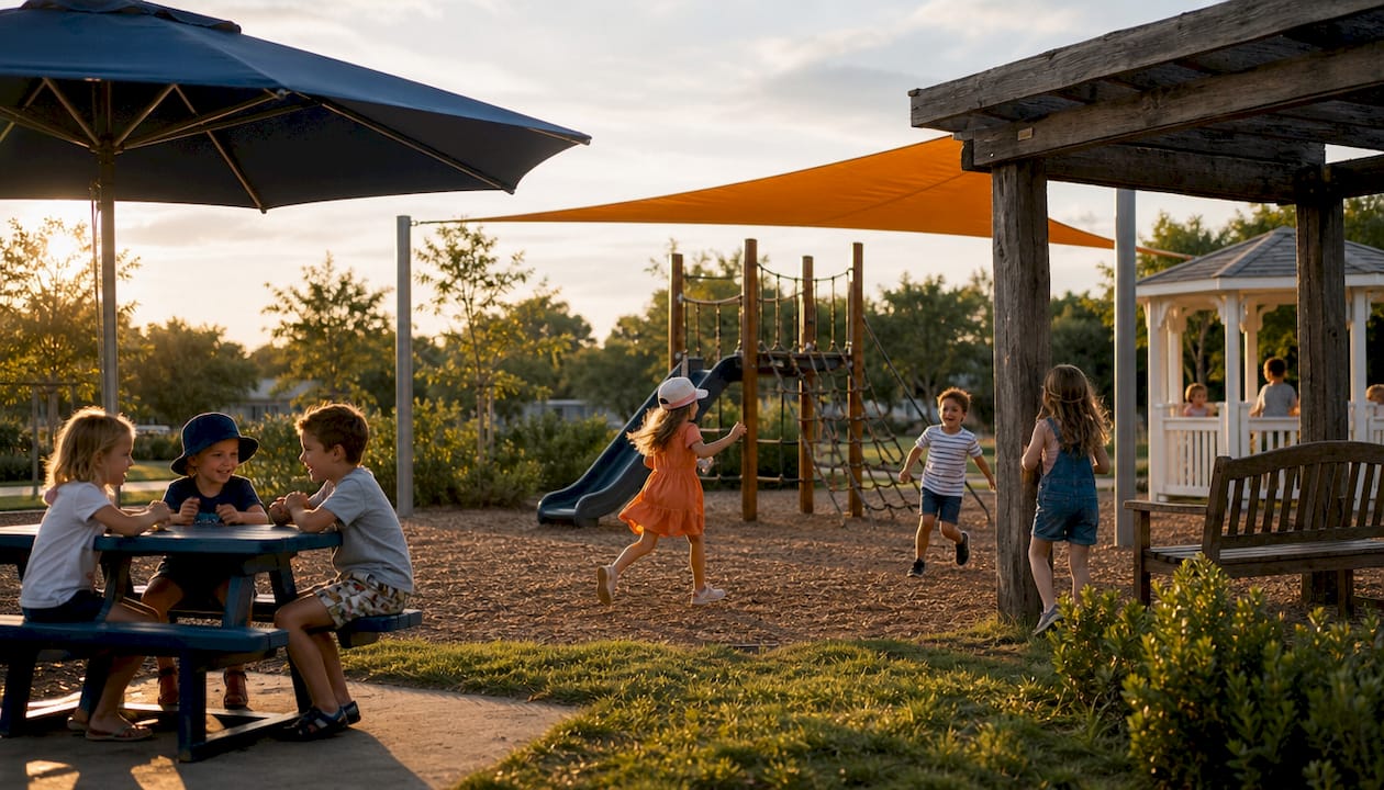 Variety of shade structures over children's playground equipment