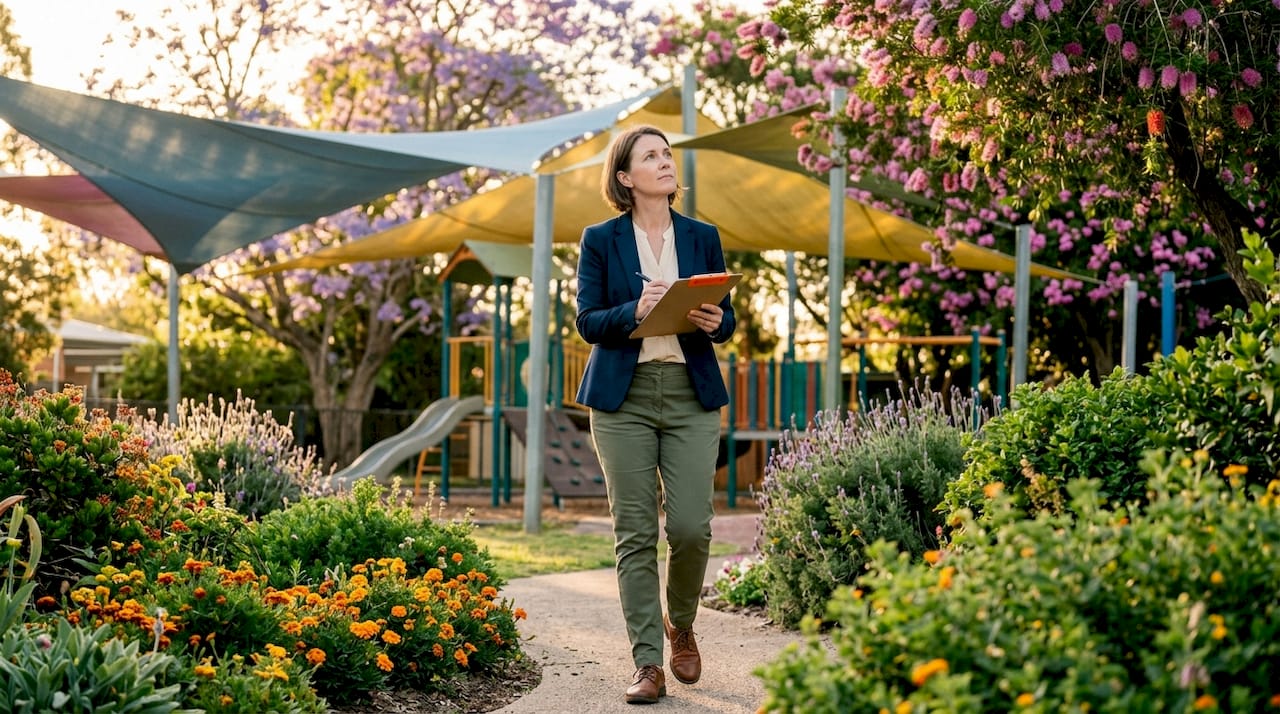 School administrator assessing outdoor shade structures