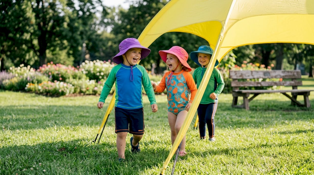 Children wearing hats and UPF clothes under shade