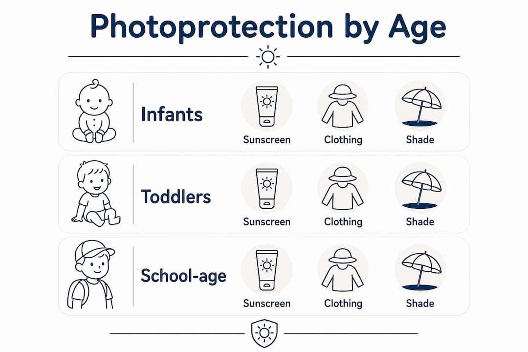 Infographic showing photoprotection methods by child age