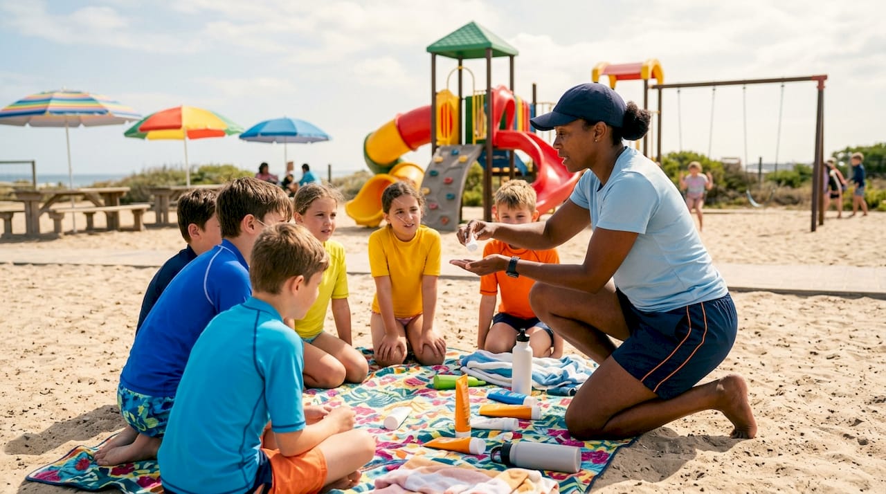 PE teacher demonstrating sunscreen use outdoors