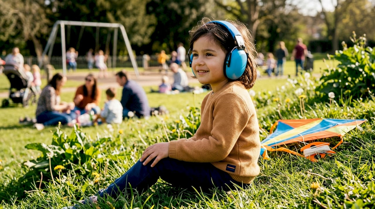Child close-up wearing pink hearing protection