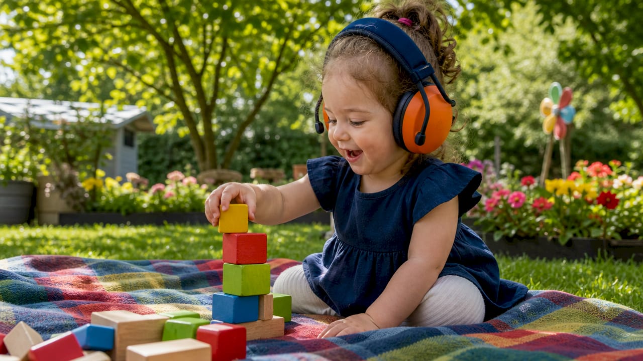 Infant child playing while wearing hearing protection