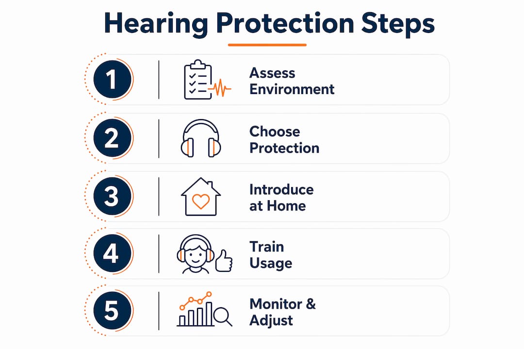 Infographic outlining steps for child hearing protection