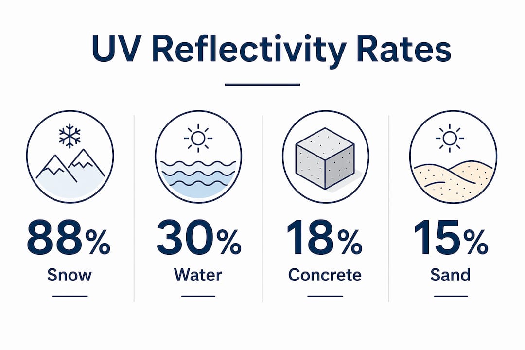 Infographic showing UV reflectivity percentages of common surfaces