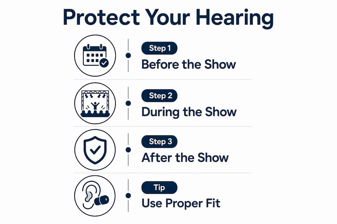 Infographic showing steps to protect hearing at concerts