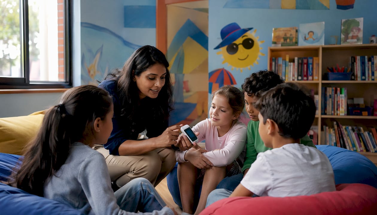 Teacher showing UV detection device to children