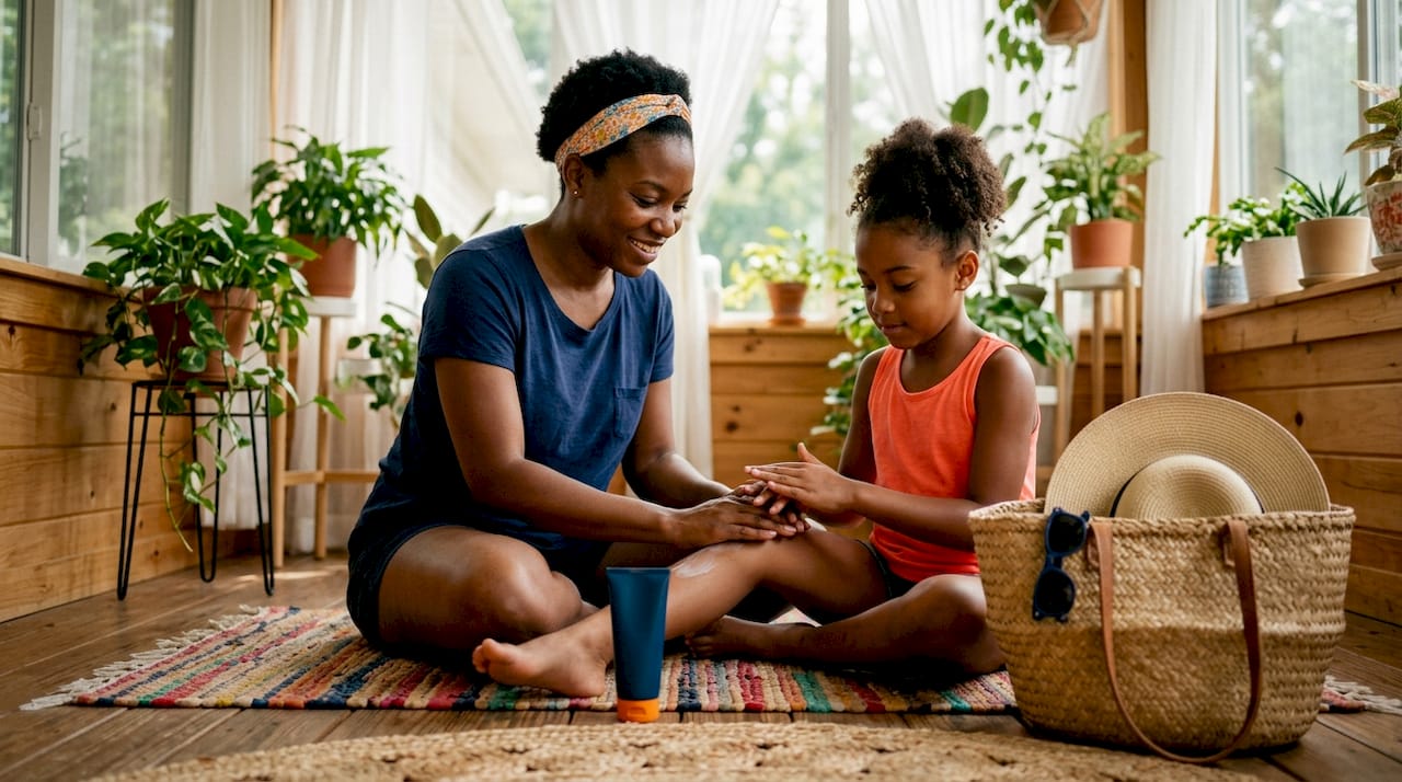 Mother helping daughter apply sunscreen at home