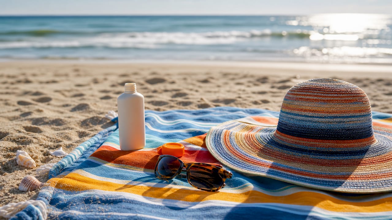 Sun protection items on outdoor table