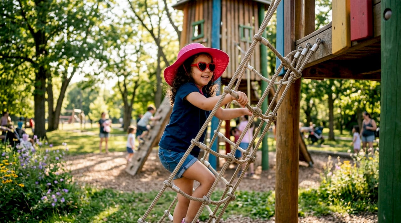 Child playing outdoors under midday sun