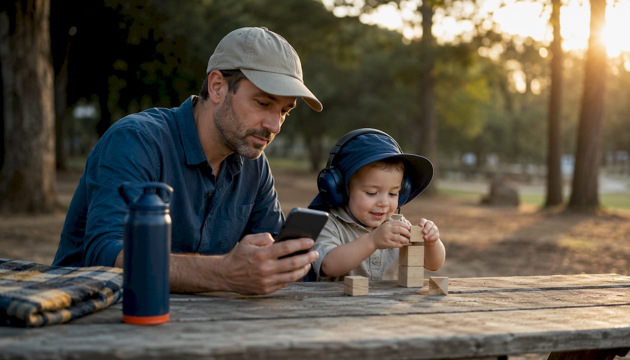 Father checking UV noise app outdoors with child