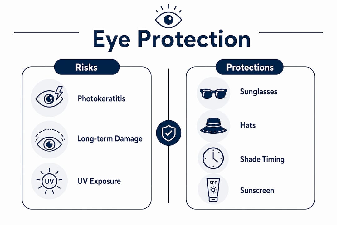 Infographic showing eye risks and protective measures from sun exposure