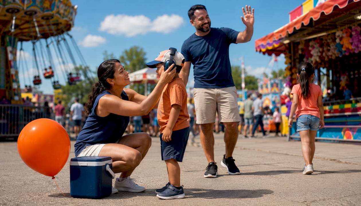 Family preparing hearing protection at outdoor festival