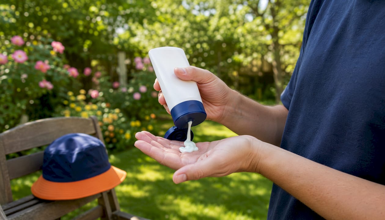 Hands squeezing sunscreen onto palm in kitchen