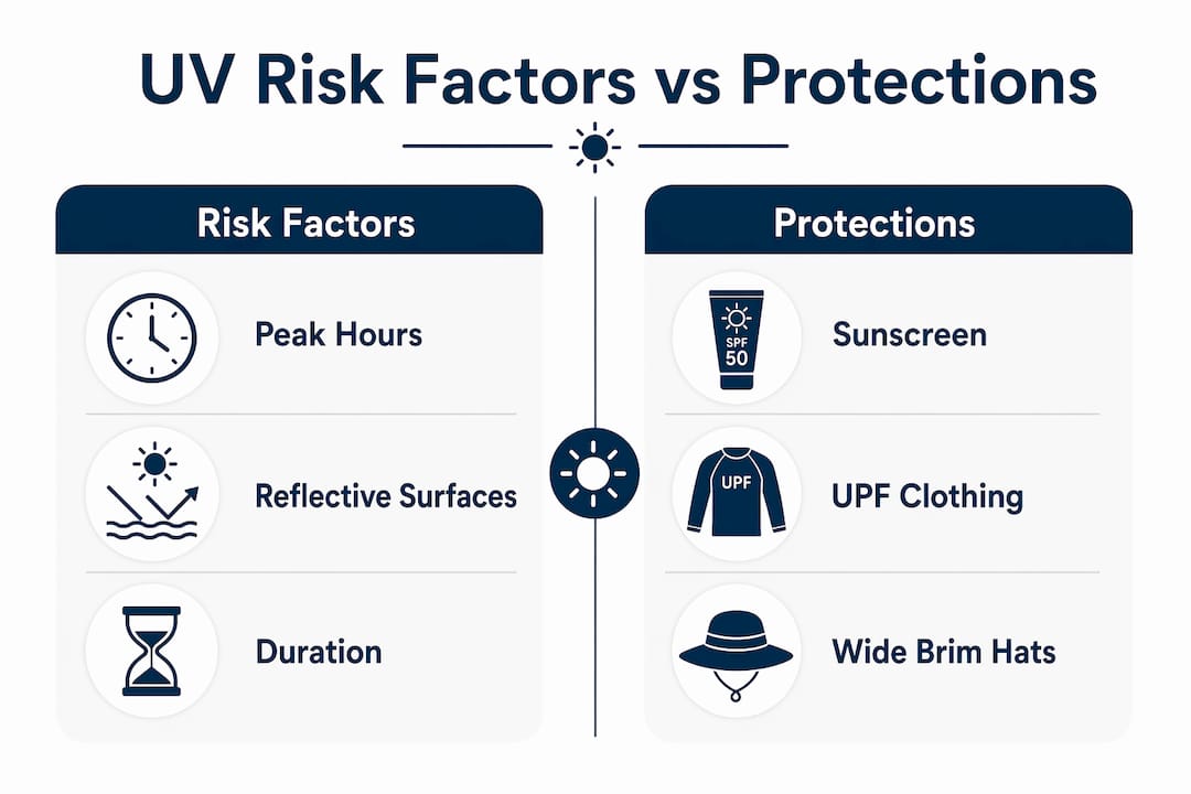 Infographic comparing UV risk factors and protection methods
