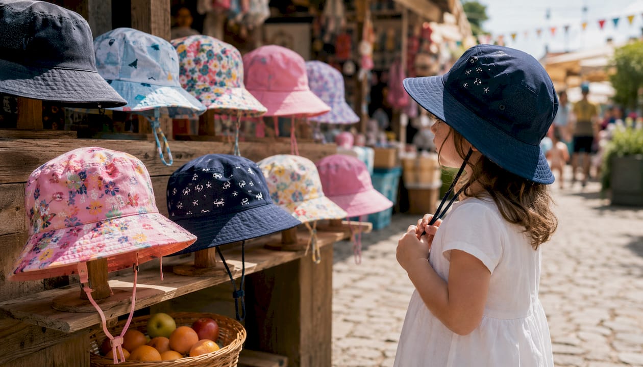 Children’s wide brim hats displayed in retail setting