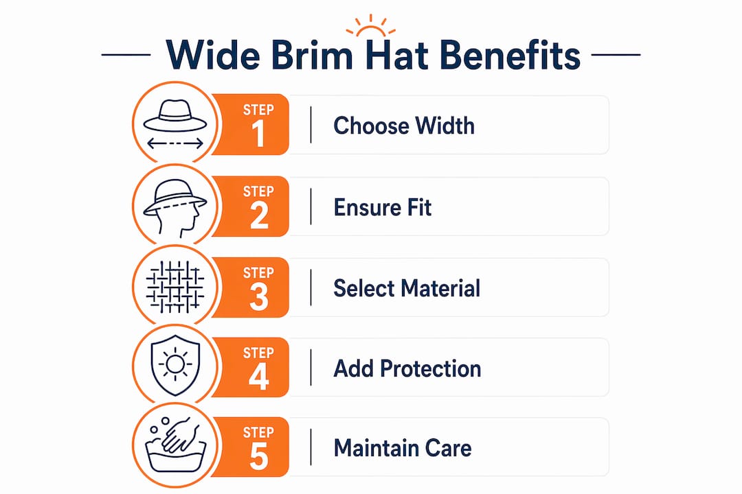 Infographic illustrating steps to choose and use wide brim hats
