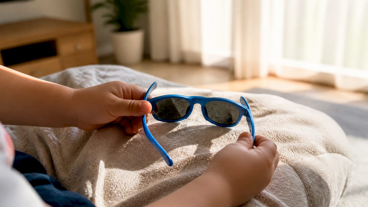 Close-up of flexible BANZ kids sunglasses in hands