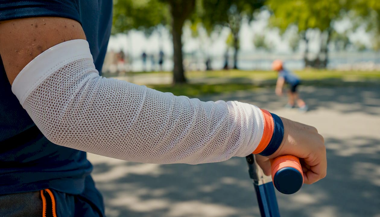 Close-up mesh fabric sleeve on cyclist's arm