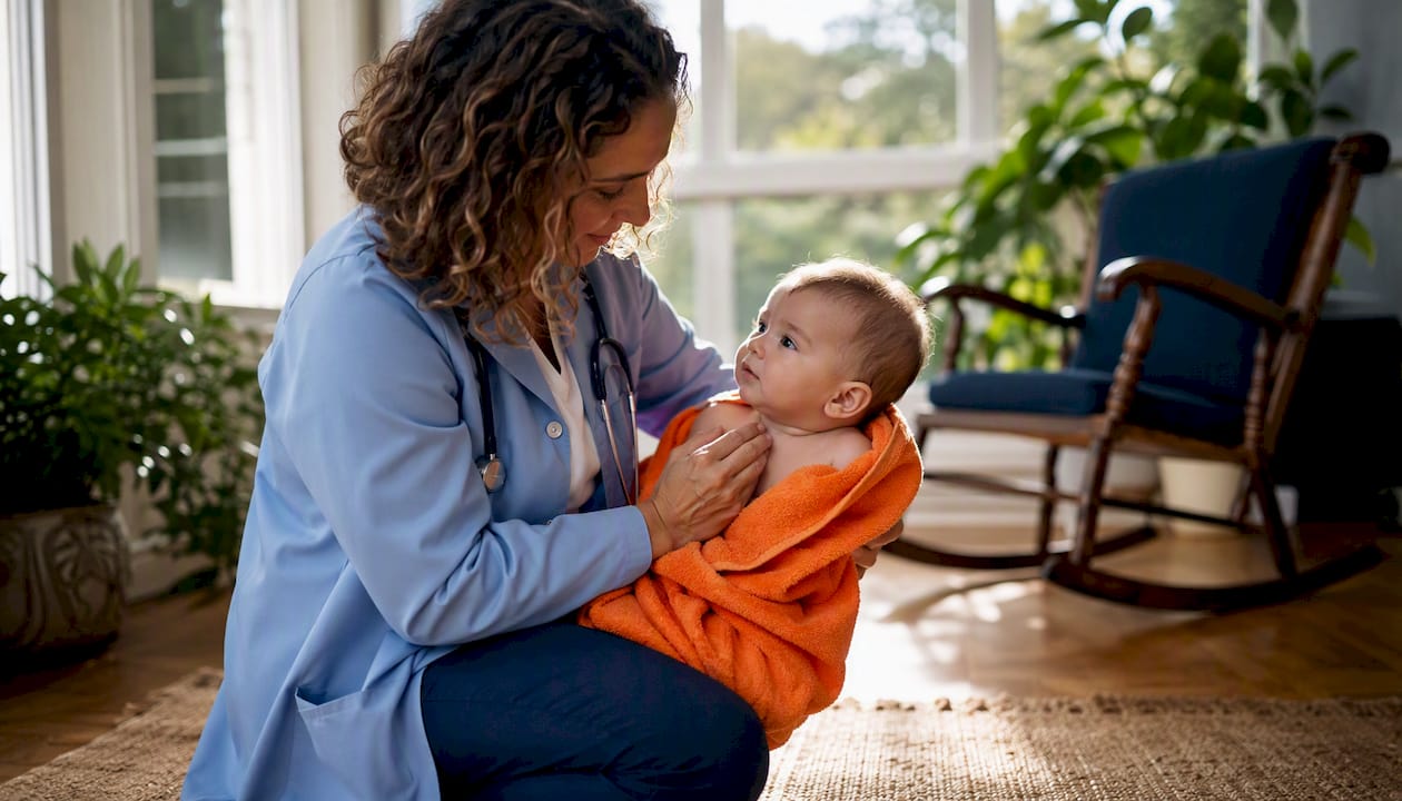 Pediatrician examining infant skin sensitivity