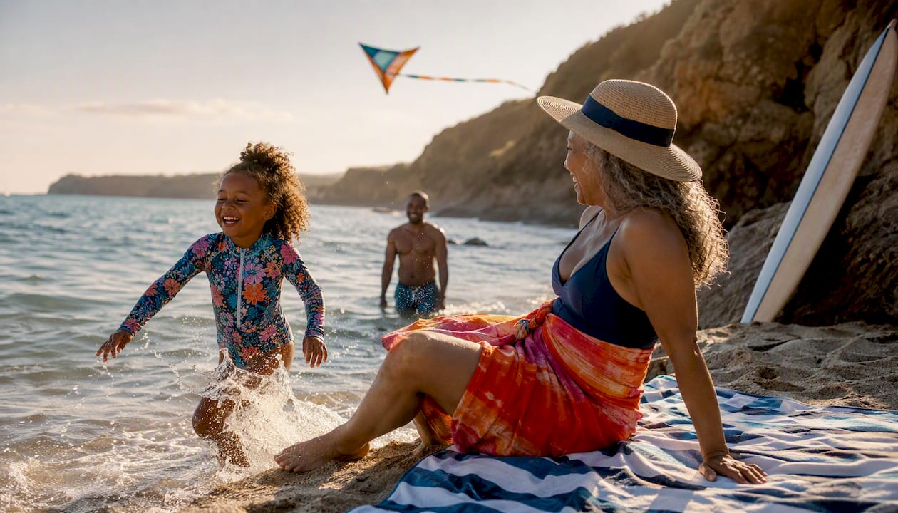 Family enjoying pool with UPF swimwear