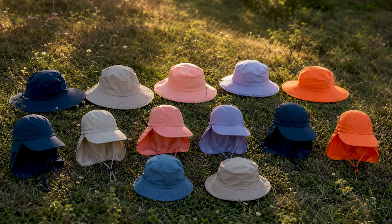 Various sun hat styles displayed outdoors