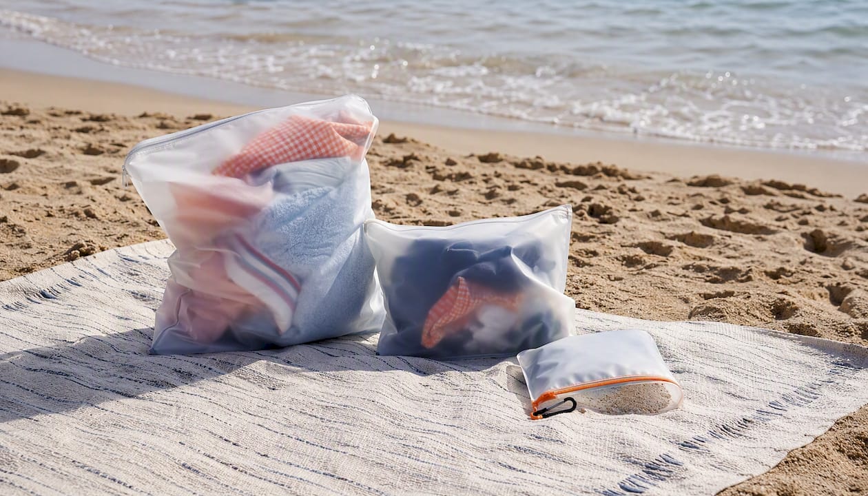 Different sized wet bags with swimwear and towels